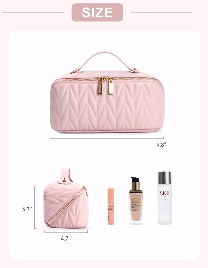 Travel Makeup Bag for Women, Large Capacity Cosmetic Bags for Girls, Compact Pouch Make up Organizer, Waterproof Toiletry Bag with Divider and Handle (Pink)