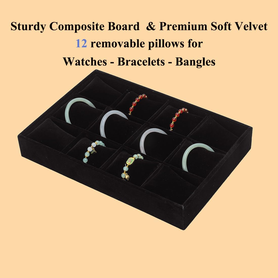 XHMQYC Jewelry Watch Tray, Black Velvet Watch Jewelry Organizer 12 Grid, Stackable Watch Bracelet Bangle Display Holder, Adjustable Pillows, for Man Woman Show Birthday