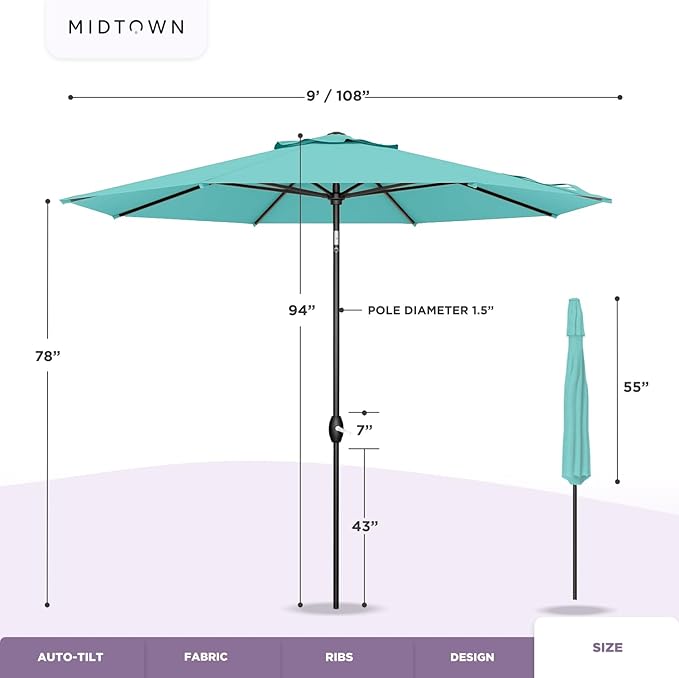 Midtown Umbrellas The Lean 9 Feet Outdoor Umbrella With Terylast Pear Stripes (Green/White Stripes) Polyester Fabric - Auto-Tilt Aluminum Frame Patio Umbrella For Deck, Garden, Pool - Black Pole