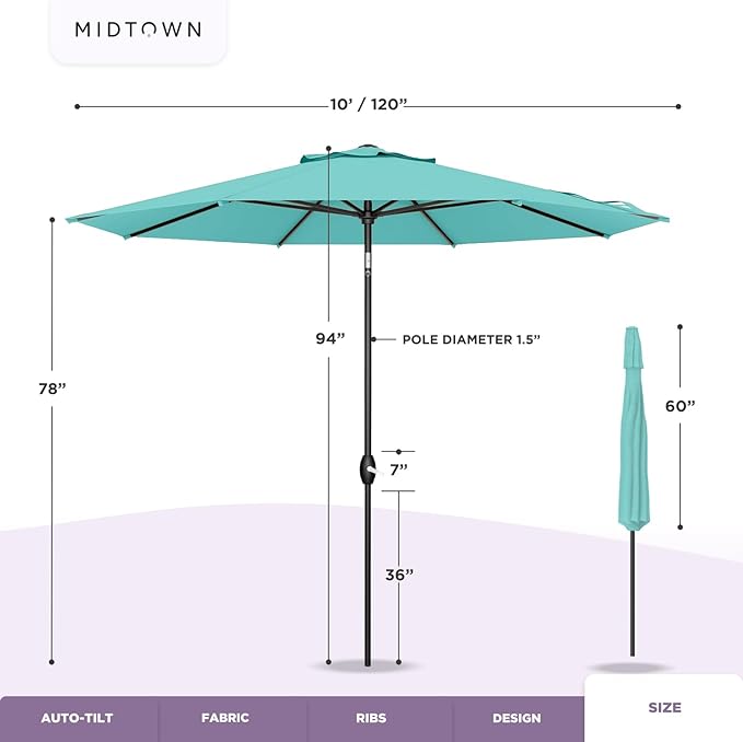 Midtown Umbrellas 10-Year-No-Fade - 10 Ft - UV Proof Cherry Burgundy Polyester Fabric - Umbrella Outdoor Patio, Aluminum Frame Large Patio Umbrella for Garden, Pool & Deck - Black Pole