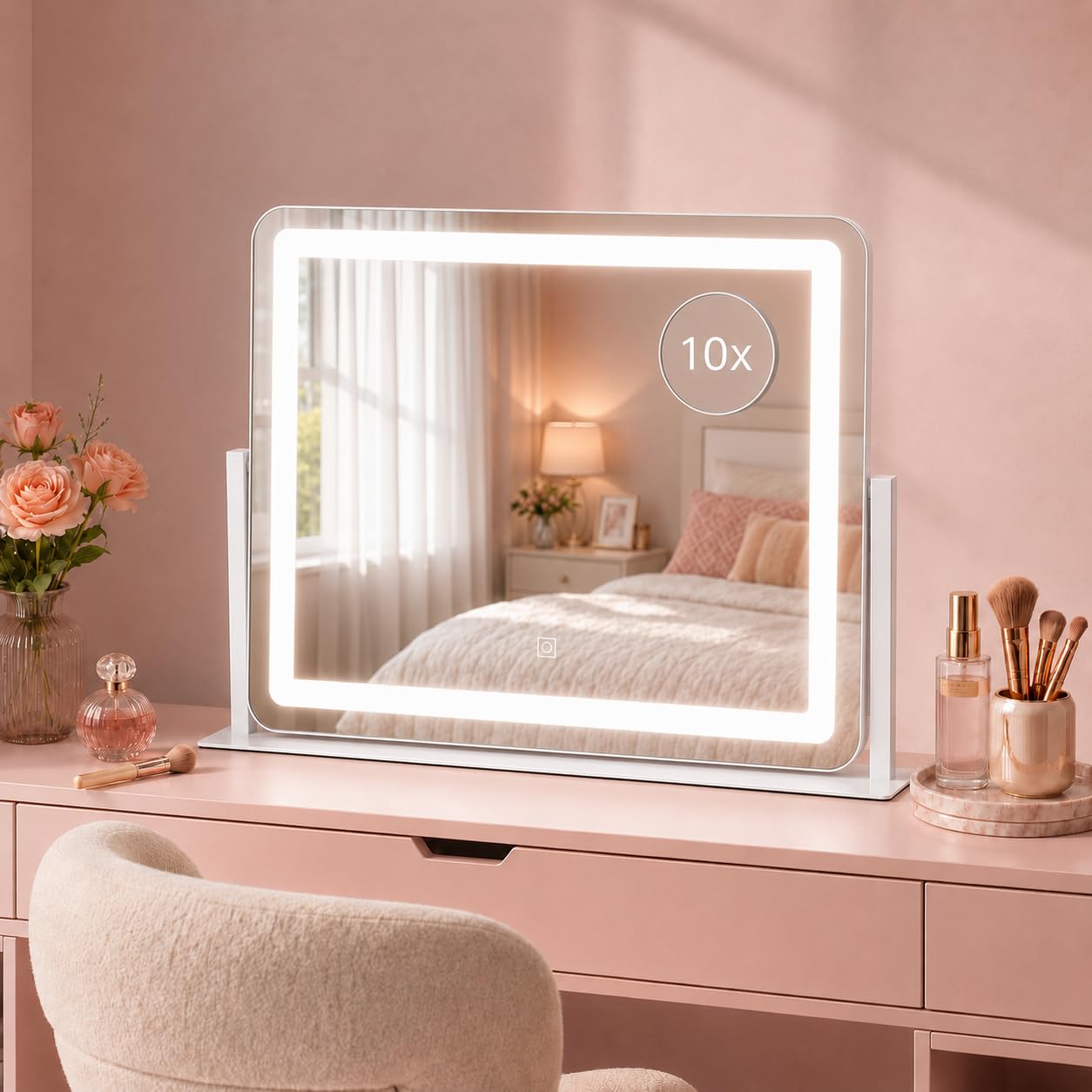 HNV 22"x17" Lighted Vanity Mirror, 3-Color Dimmable LED Makeup Mirror with Power Adapter, Sturdy Aluminum Frame 360° Rotating Desktop Mirror, White