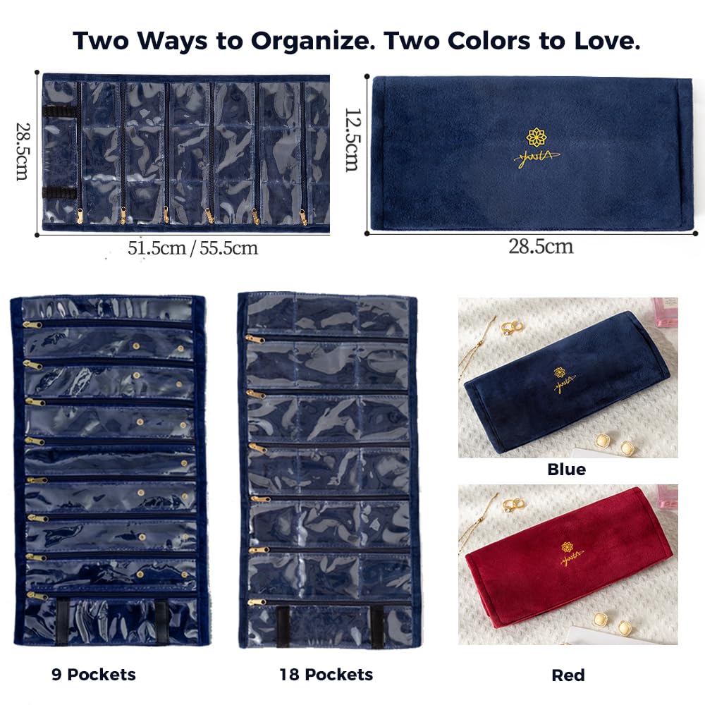 YQQZUM Travel jewelry organizer-Portable organizers and storage Soft Velvet travel case with Zippered, Compact Storage for Earrings, Rings, Necklaces, Studs, for Women(Blue, 18Pockets)