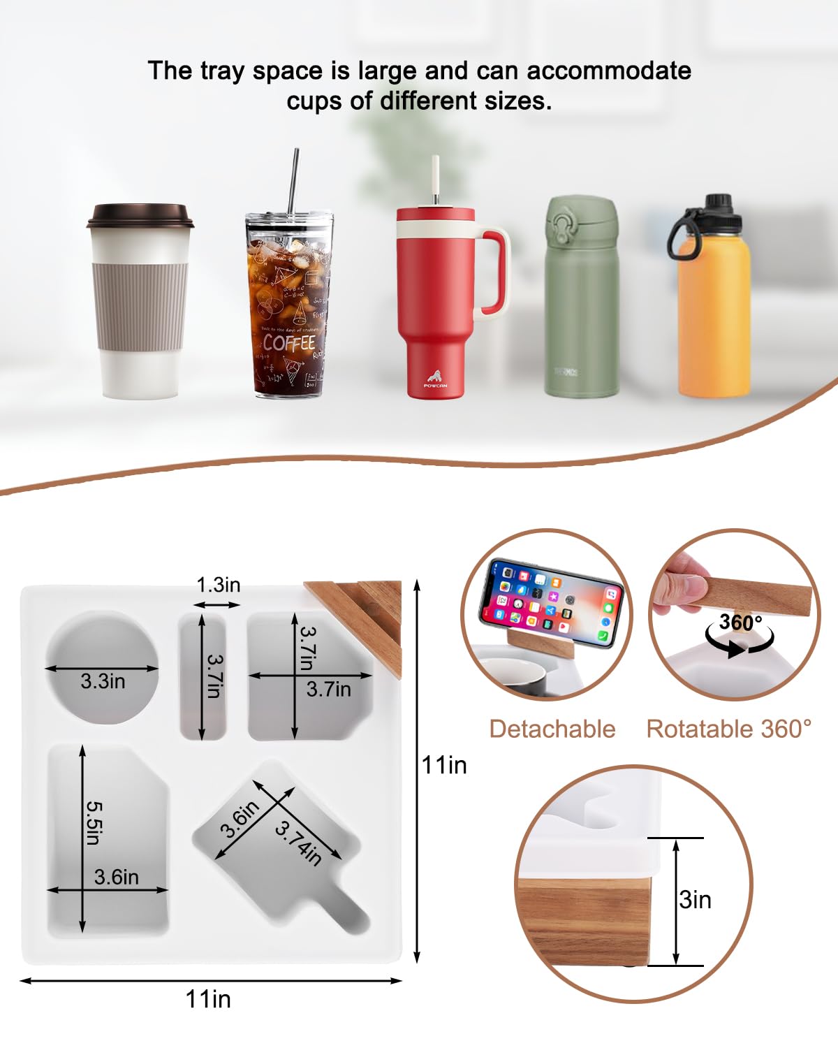 Couch Cup Holder Tray, Silicone Acacia Wooden Couch Caddy with Cup Holder for Snacks, Drinks, Remotes, Waterproof Cup Holder for Couch, Organizer, Couch Drink Holder, Pillow