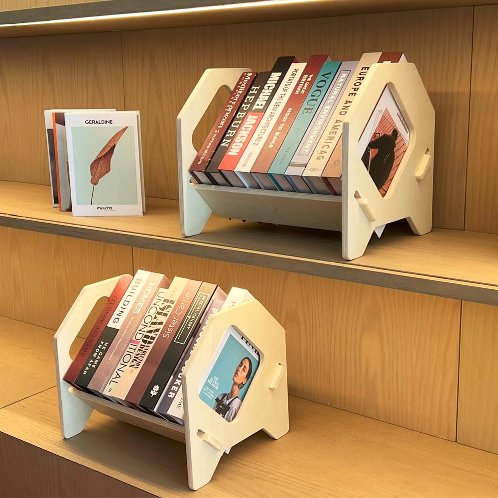 2 pack Desktop Bookshelf, Stackable Book Organizer with Handle, storage rack for CD/Magazine/File Folder, Portable Small bookshelf for Study, Living room, Kid's room, No Nails, Medium Size