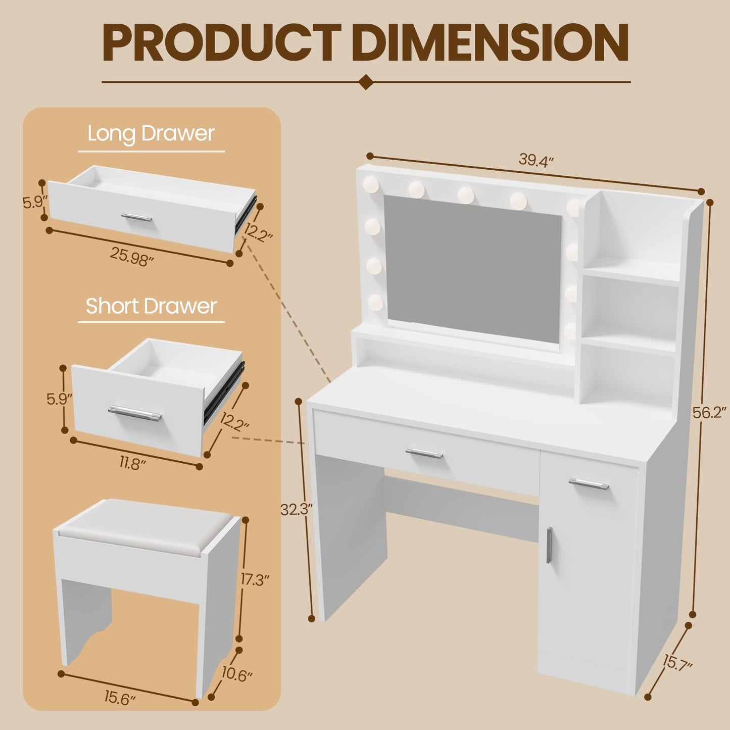 ALAULM Makeup Vanity with Storage Stool, Vanity Desk with Furniture Shelves and 1 Cabinet, 3 Lighting Modes with Adjustable Brightness, Vanity with Backplane Cable Hole for Bedroom, White