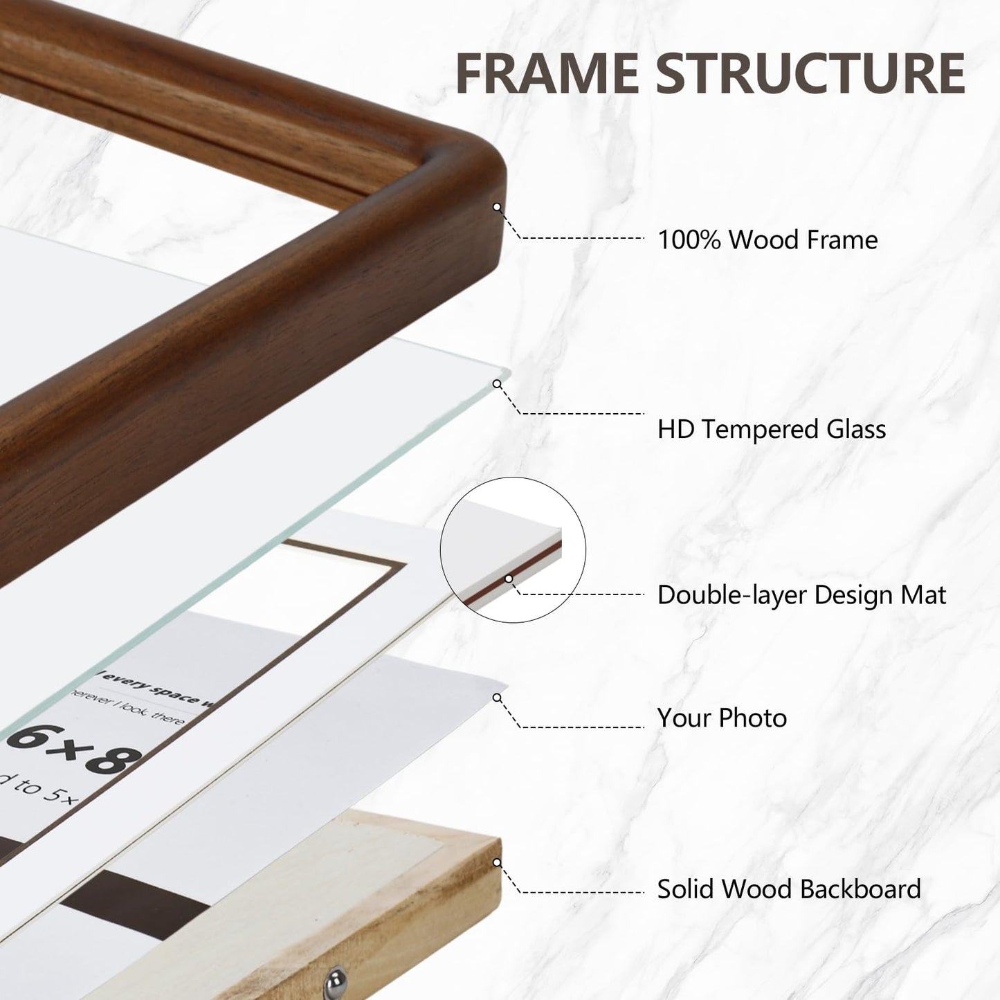 SZKYSJGS 5x7 Wood Picture Frame, Solid Natural Walnut Rounded Corner Photo Frame with Tempered Glass, 5 x 7 Wooden Frame Matted to 4x6, Wall or Tabletop Display