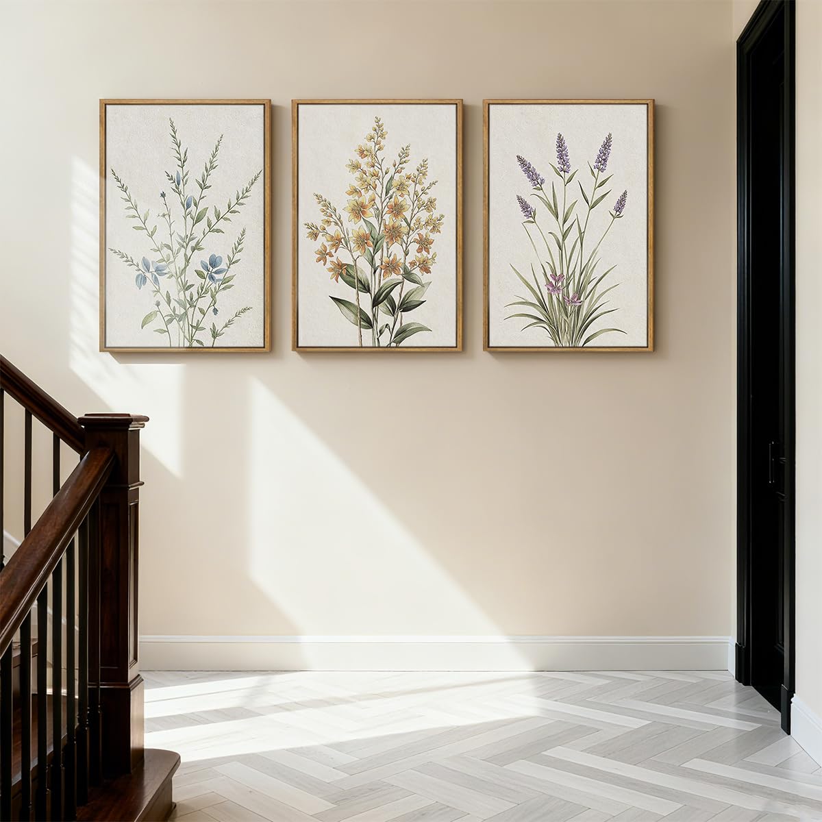 Anyzal Botanical Floral Framed Wall Art Large 16x24 Inch Modern Neutral Wildflower Canvas Art Prints Beige Cream Flower Wall Decor for Living Room Bedroom Dining Room Set of 3