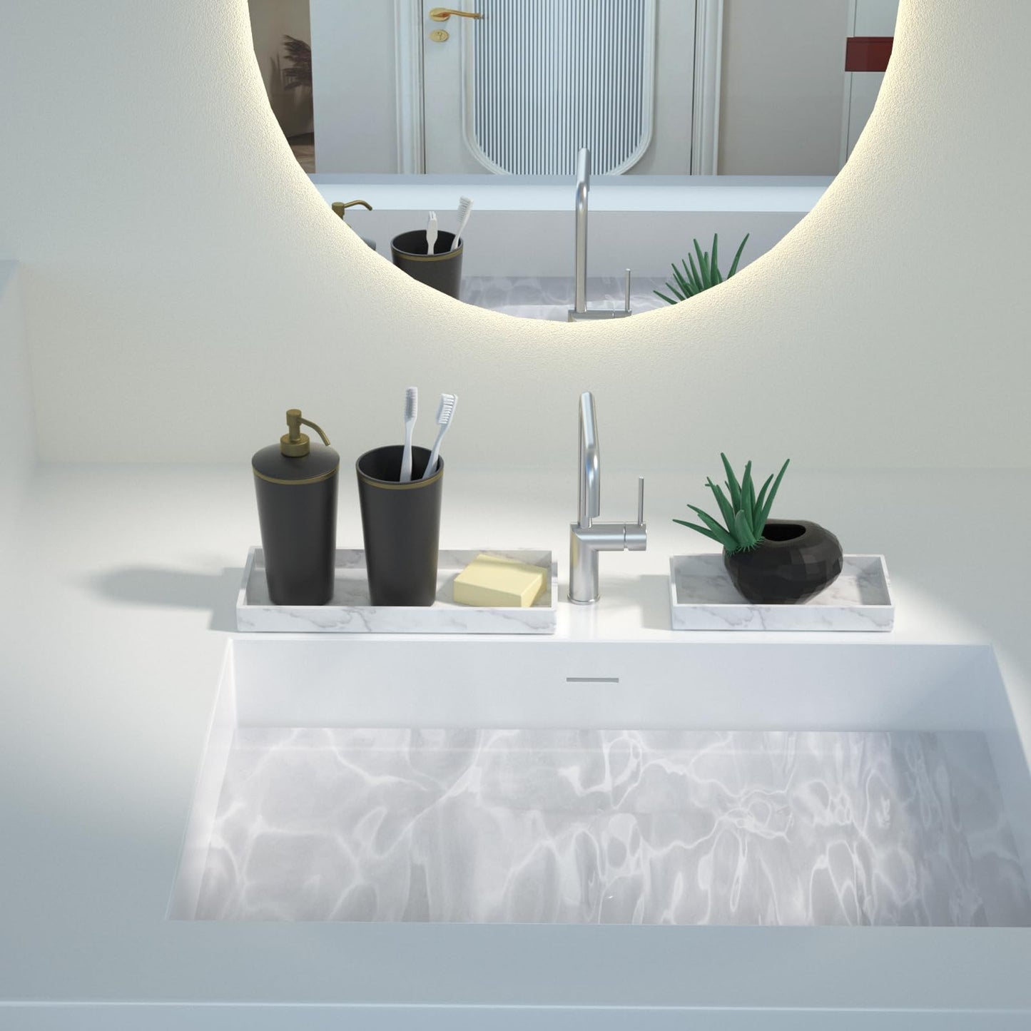 BiSUAN 2 Packs Silicone Bathroom Vanity Tray Large 11.8" & Small 7.8" Set - Rectangle Shatterproof Flexible Bathroom Tray for Soap Dispenser, Tissues, Candles, Towel, Plant, Perfume Key
