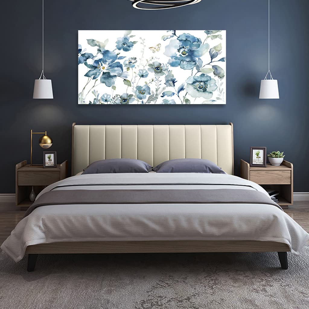 Flower Canvas Wall Art Blue Floral Canvas Painting Pictures for Gallery Wall Decor Butterfly Flies in Indigo Flowers Canvas Prints Artwork for Living Room Bedroom Home Wall Decorations 40" X 20"