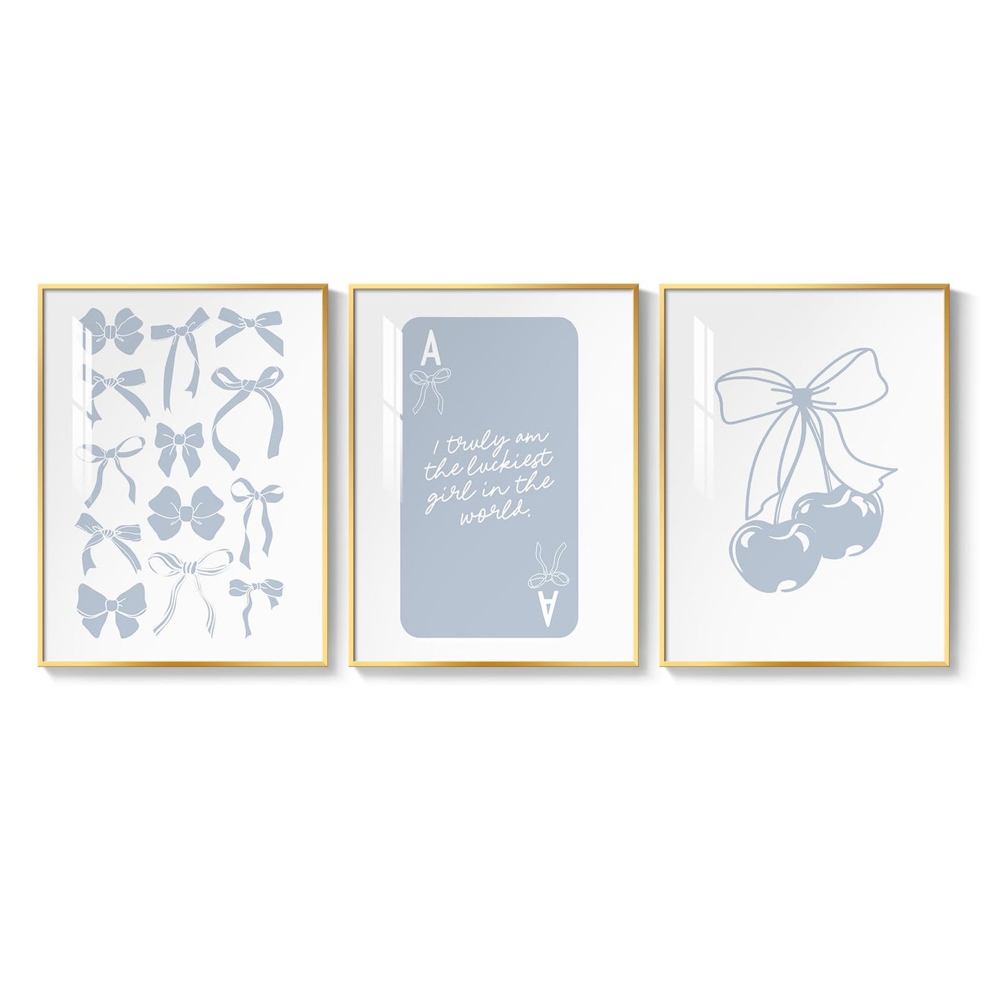 Framed Preppy Blue Wall Art for Room Decor, 3 Piece Bow Cherry Girly Artwork for Walls, Cute Aesthetic Blue Canvas Prints for Girls Bedroom Living Room Girly Room Apartment Wall Decor, 12x16 Inch