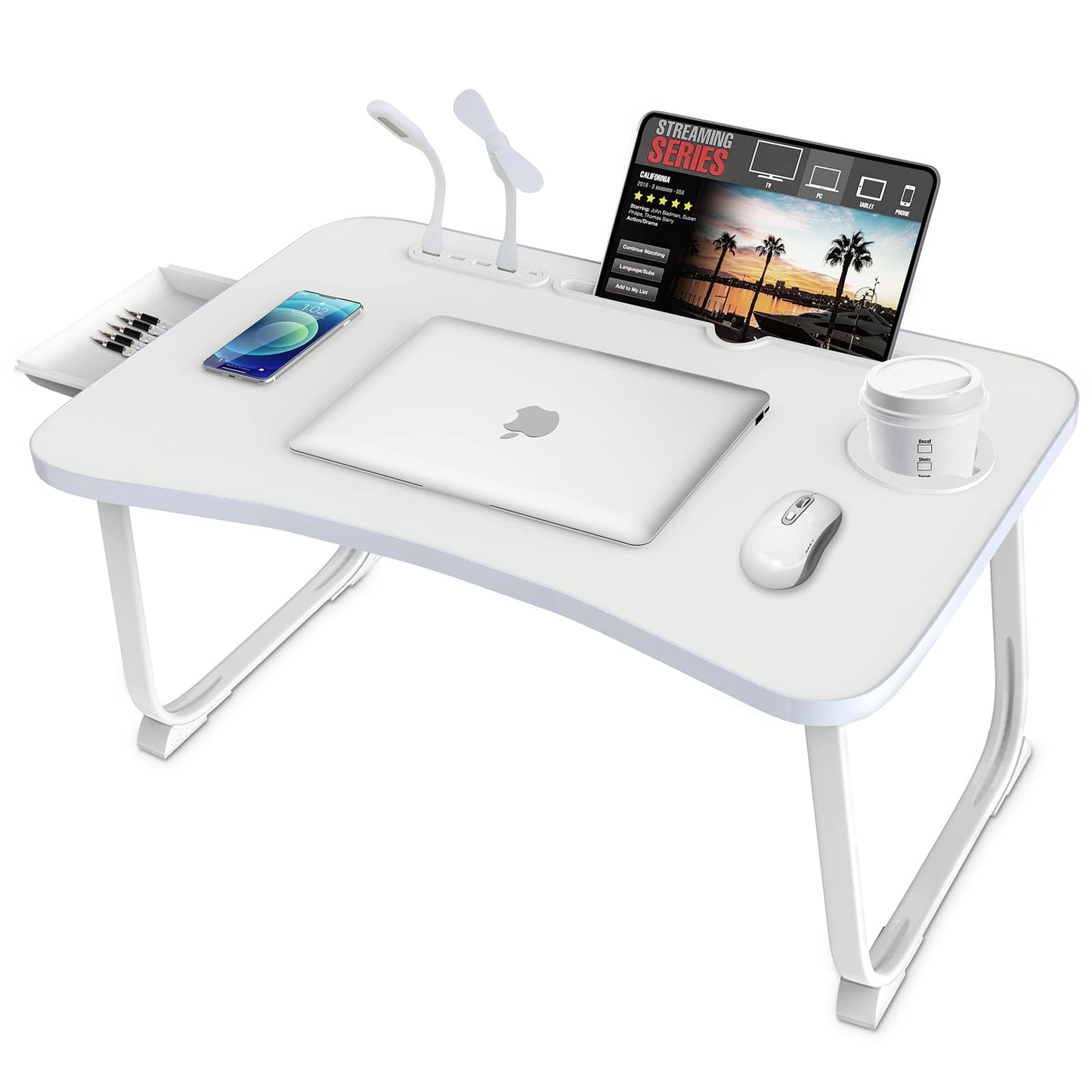 Fayquaze Laptop Bed Desk, Portable Foldable Lap Bed Table with USB Charge Port Storage Drawer and Cup Holder,Lap Desk Laptop Stand Tray Table Serving Tray for Eating, Reading and Working