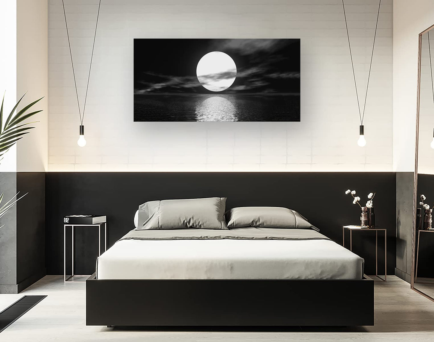 Cao Gen Decor Art S06450 Wall Art Canvas Sea White Full Moon in Night Picture Canvas Poster Print Black and White Ocean for Living Room Bedroom Kitchen Home Decorations Framed Artwork