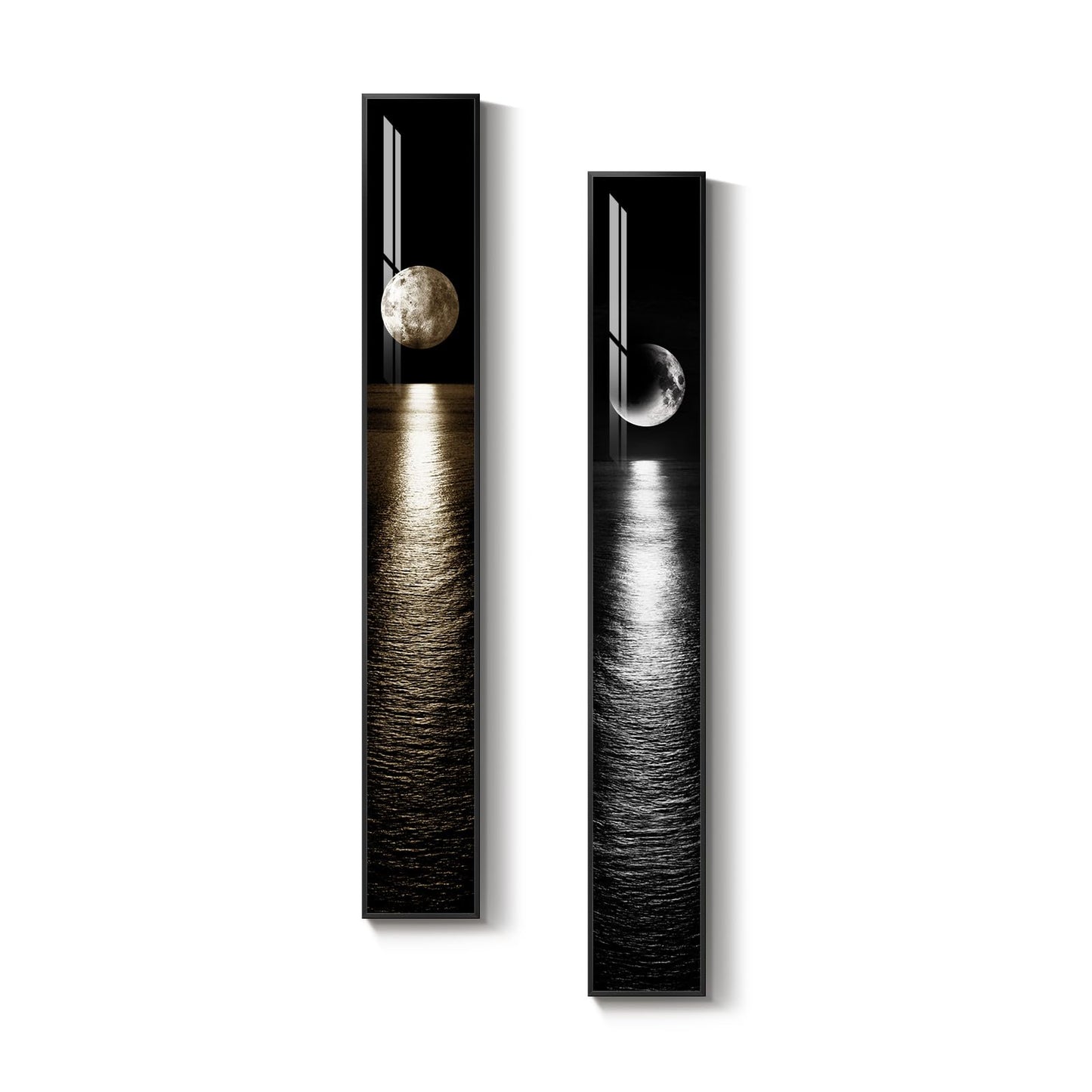 Framed Long Narrow Vertical Moon Wall Art Set of 2, Modern Black White Gold Bright Art Prints Paintings, Night Sea Landscape Pictures for Living Room Entryway Hallway Dining Room Bedroom Wall Decor
