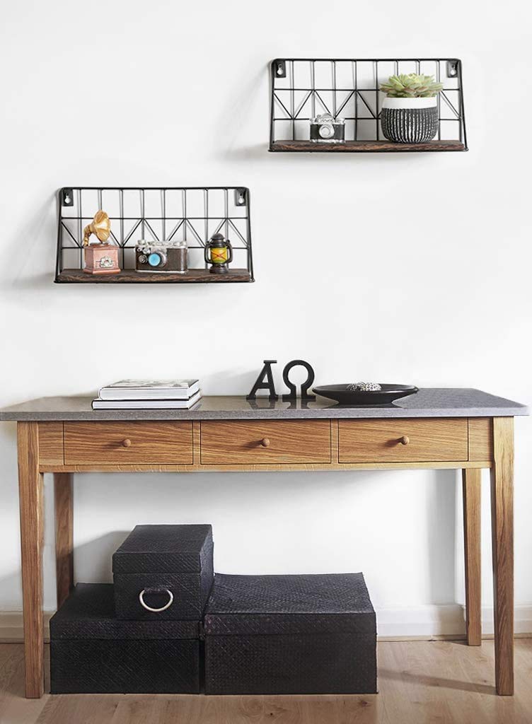 Mkono Floating Shelves Wall Mounted Set of 2 Rustic Wood Storage Display Shelf with Metal Wire Basket 11.4 Inches, Hanging Shelf for Bedroom Bathroom Living Room Kitchen Office, Brown,Small