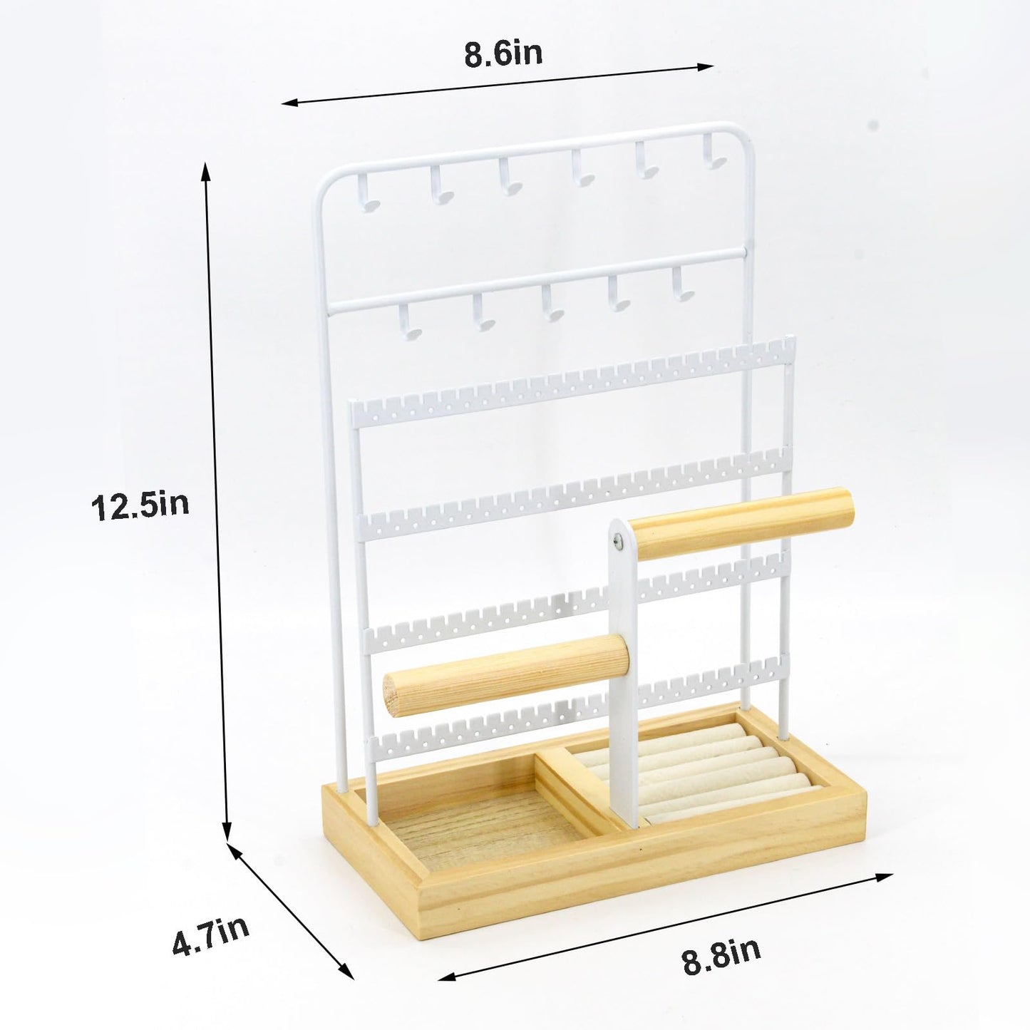 JONKASIPA Jewelry Holder Organizer Stand 4-Tier Necklace Stand Earring Holder with Wooden Tray, Jewelry Rack for Bracelets Watches and Rings Display Stand, Gifts for Women & Girls-White