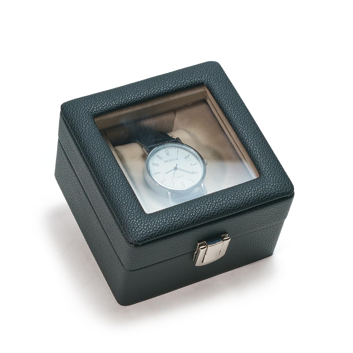 SORNDIF Watch Box, 1 Slot Watch Display Case for Men & Women, Removable Pillows, Clear See Through Lid, Watch Storage Watch Holder Organizer, Beige Soft Velvet Lining, Leather Surface (Black)