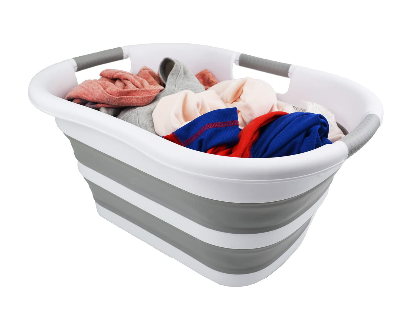 SAMMART 30L (7.9 gallon) Collapsible Plastic Laundry Basket - Foldable Pop Up Storage Container/Organizer - Portable Washing Tub - Space Saving Hamper/Basket (White/Grey (Set of 2))