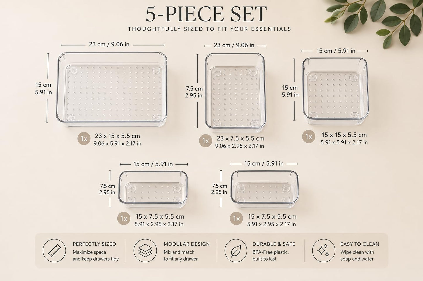 StillHaven Clear Drawer Organizer Set, 5-Piece Plastic Drawer Organizers, Multi-Size Bathroom Vanity Storage Trays for Makeup, Skincare, Kitchen, Office and Home Organization