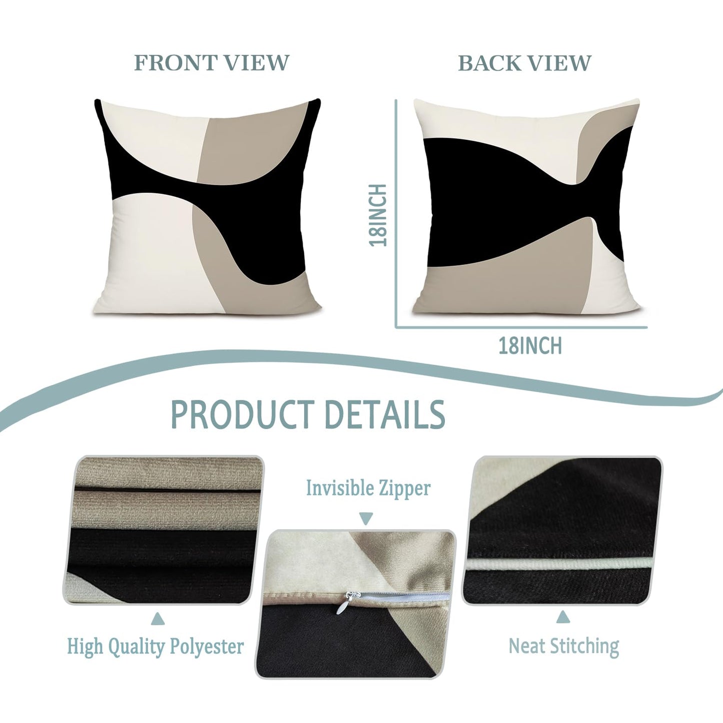 KAIOUS Black Beige Cream Decorative Throw Pillow Covers for Couch Sofa Bed Living Room Bedroom 18x18 inches Set of 2