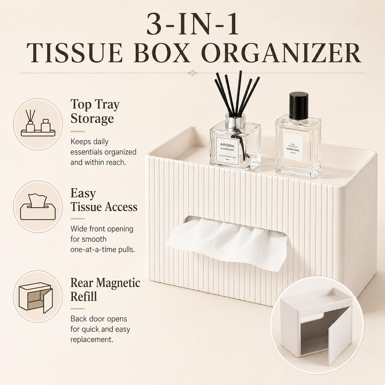KINGFOM Ribbed PU Leather Tissue Box Cover with Storage Tray, Rectangular Facial Tissue Holder for Bathroom Vanity, Nightstand & Office Desk, Modern Decorative Tissue Dispenser (Ivory White)