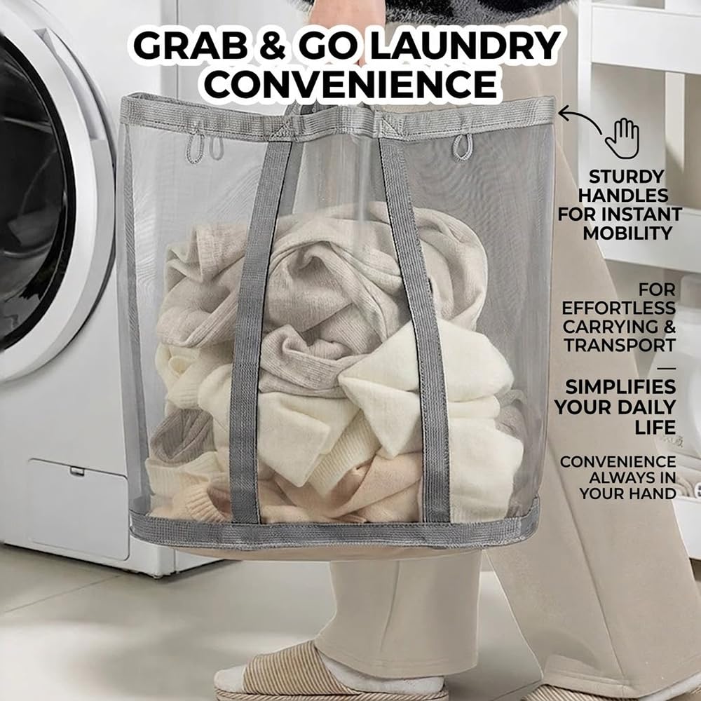Yagizaai Wall-Mounted Foldable Laundry Basket, 41L Collapsible Mesh Hamper, Hanging Storage Bag for Bathroom, Dorm, Travel, Beach, Camping, Reinforced Handles, Grey