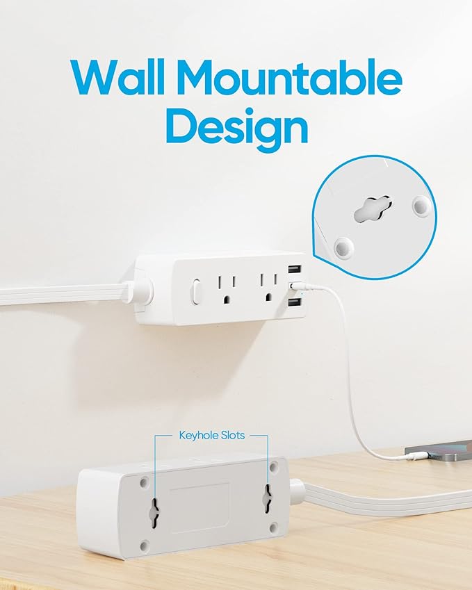 Flat Extension Cord 25ft, Olcorife Flat Plug Power Strip with 6 Outlets 3 USB Ports(1 USB C), 3-Side Outlet Extender Surge Protector for Home Office Dorm Room Essentials, White