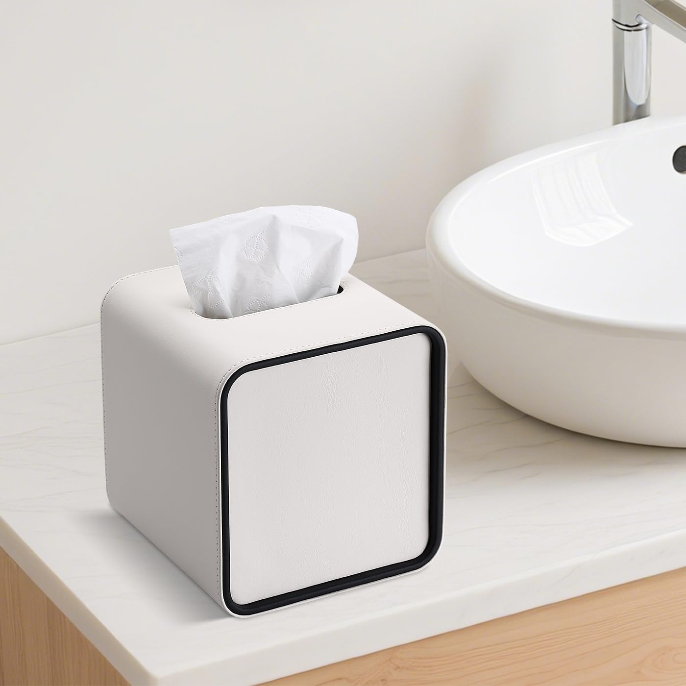 GORESE Tissue Box Cover Square Tissue Box Holder for Kleenexs, PU Leather Tissue Cover Cube Decorative Tissue Holder for Bathroom Bedroom Living Room Office, Cream White