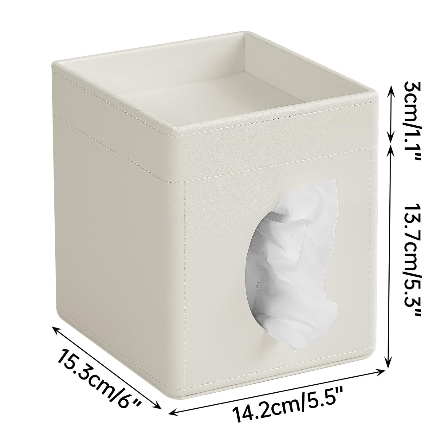 Cretkhp Tissue Box Cover, PU Leather Square Tissue Box Holder with Storage Tray for Bathroom Vanity Countertop Night Stands Bedroom Office Desk, Stylish Tissue Holder Decorative Organizer (Cream)