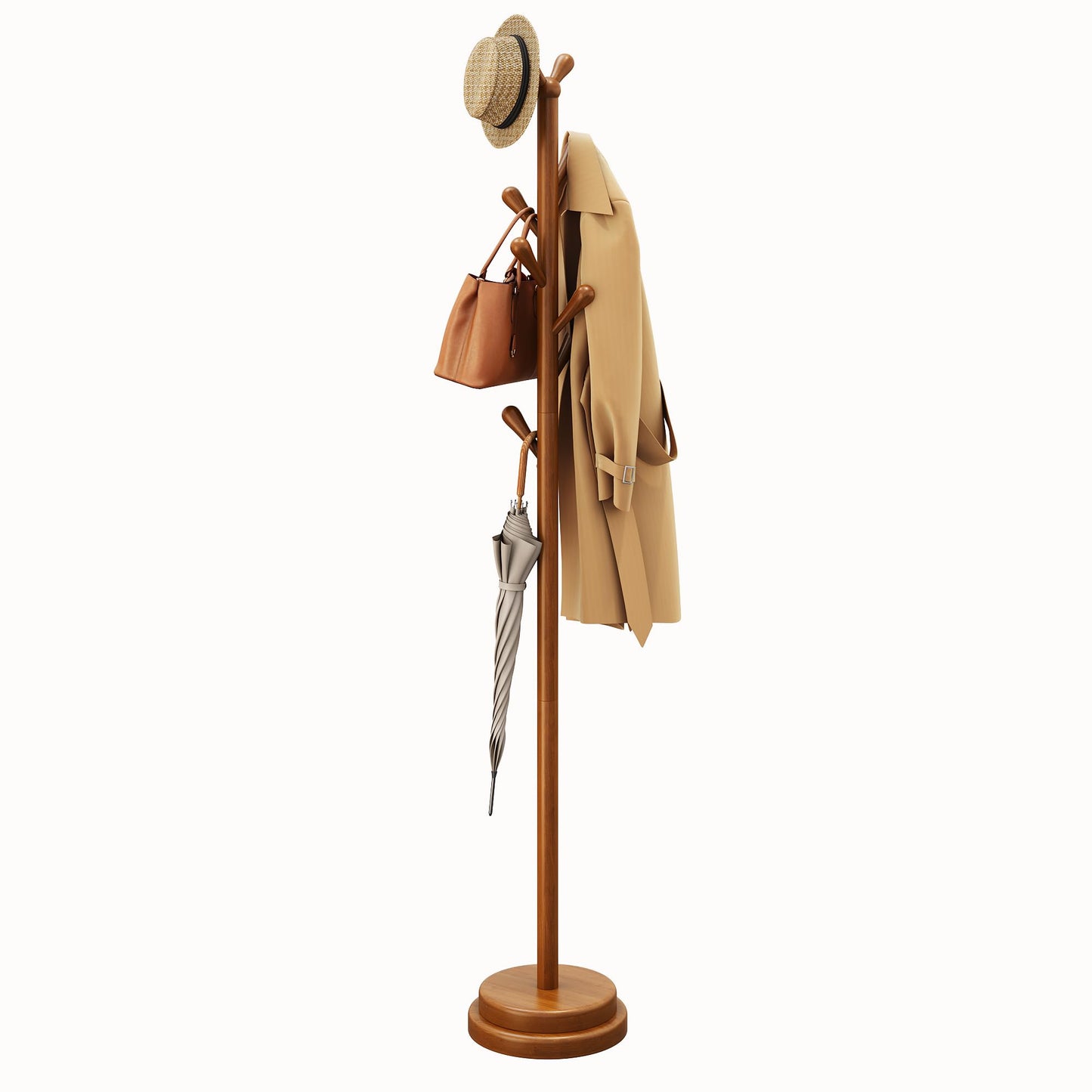 Freestanding Coat Rack, Solid Wood Coat Tree with 8 Smooth Rounded Hooks, Adjustable Height Heavy Duty Coat Rack with Dual-Layer Base, Holds Coats Hats Bags for Entryway, Bedroom, Living Room