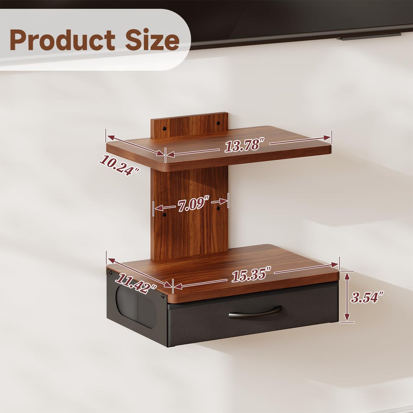 Floating TV Wall Shelf With Drawer, 2-Tier Projector Shelf Holds Up To 22Lbs, Wooden Wall Mounted Shelves For Projector/DVD Player/Game Console/Cable Box/Living Room Decor Accessories, Walnut Brown