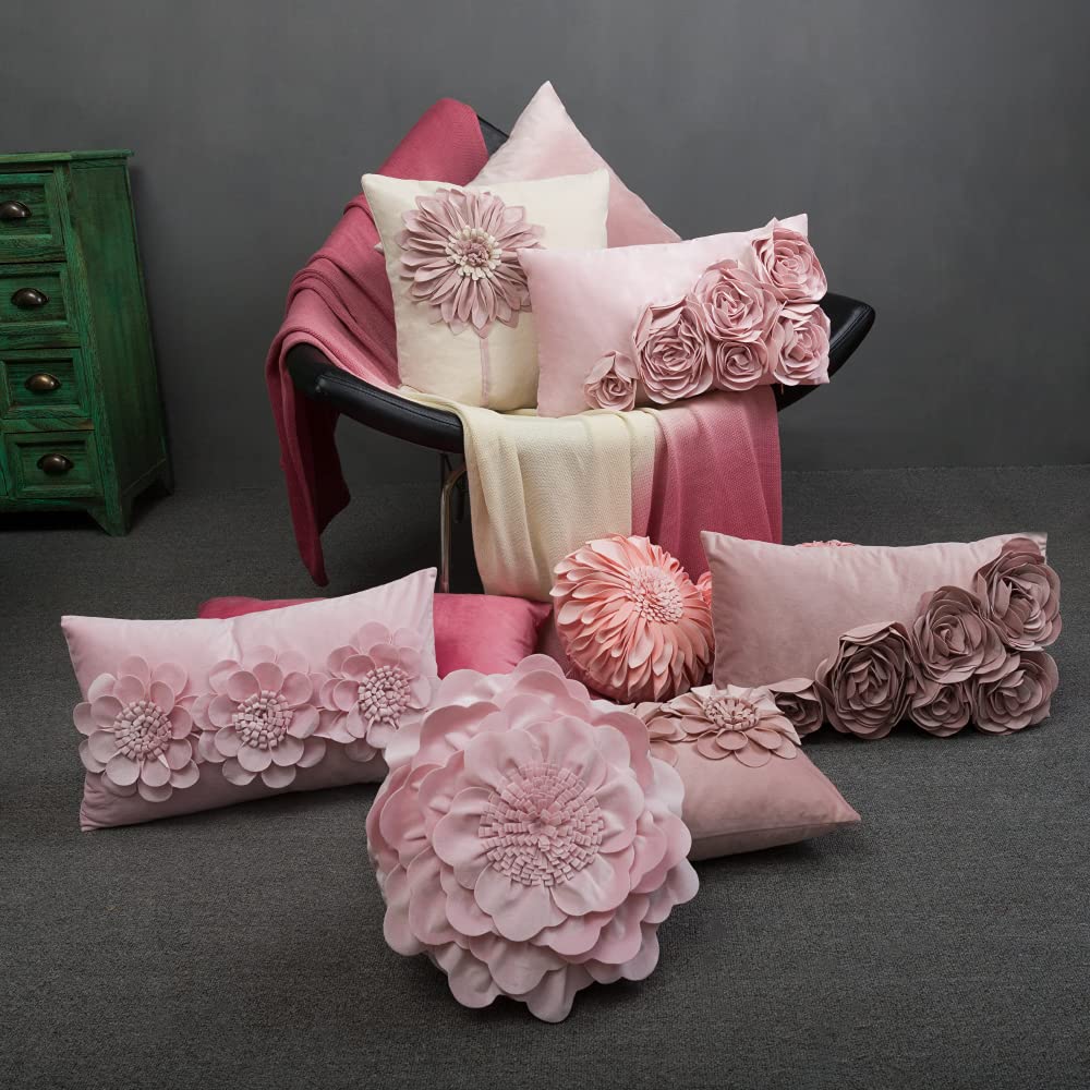 JWH 3D Flower Throw Pillow Cover Decorative Handmade Floral Pillow Case Soft Velvet Pillowcase Lumbar Cushion for Bed Living Room Chair Couch Decor Shams 12x20 Inch Light Pink