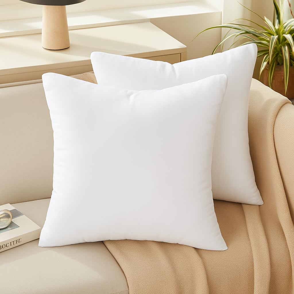 Oubonun 18 x 18 Throw Pillow Inserts - Soft, Plush & Decorative Down Alternative Pillows for Couch Sofa Bed, Machine Washable - White, Pack of 2