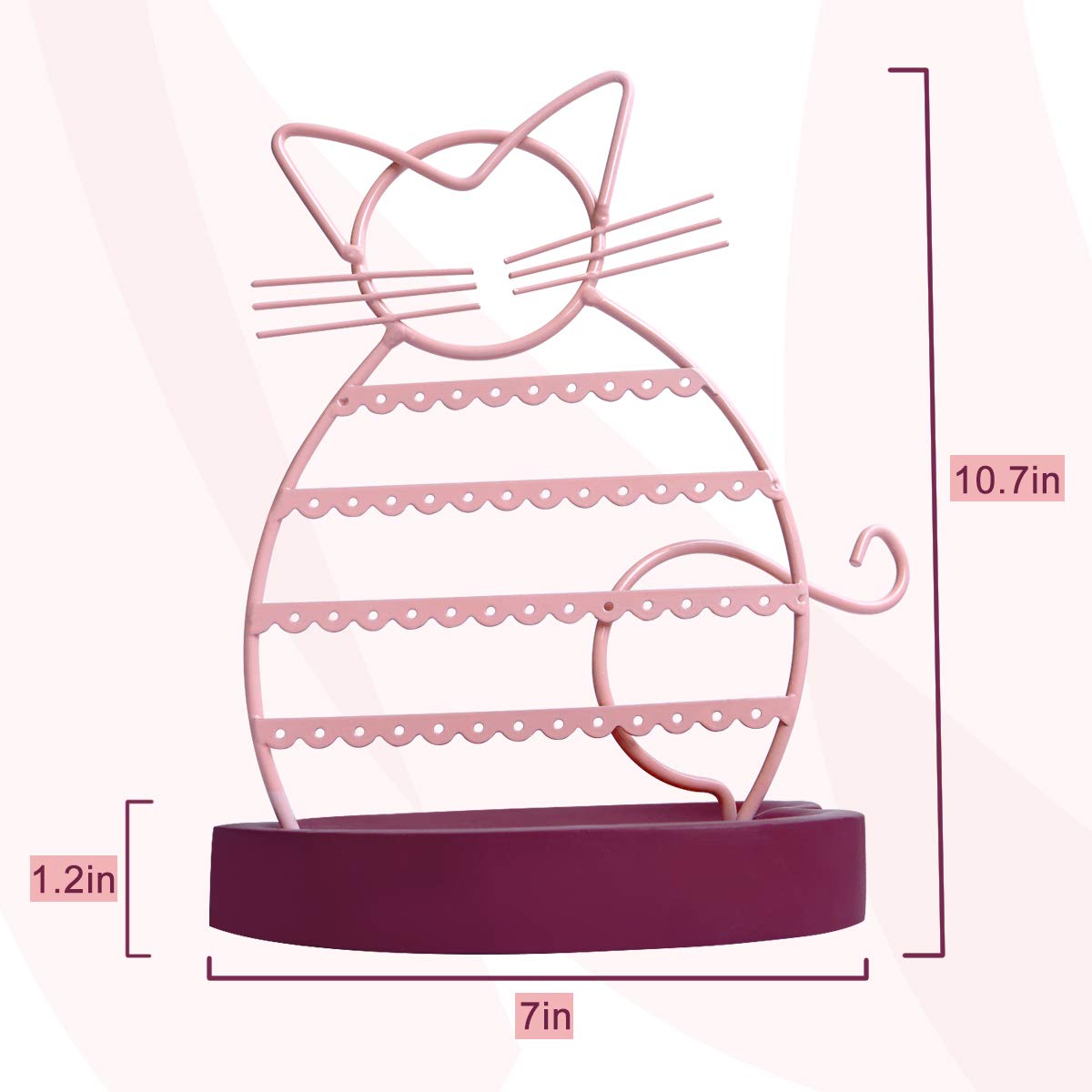 ERYTLLY Earring Holder Organizer, Cat Shaped Earring Organizer Stand With Wood Base Necklace Holder Organizer-47 Stud Earrings Holes Bracelet Holder (Pastel Pink)