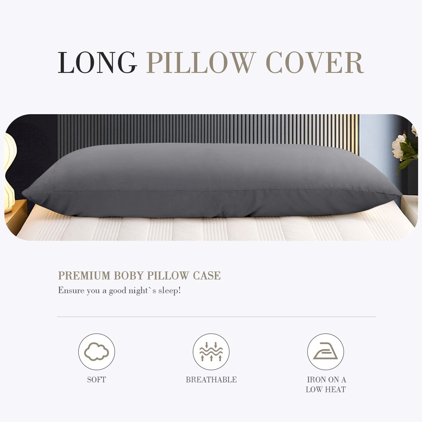 WishSmile Body Cooling Pillowcase Long Pillow Case Breathable Cool Silky Soft Rayon Derived from Bamboo Fabric, Hair and Skin Friendly, Dark Grey, 1 Pack, 20x54IN
