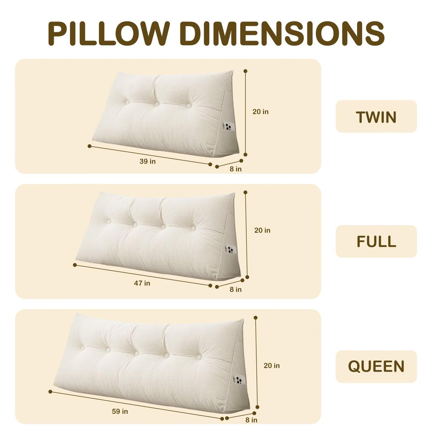 TESICA Dorm Triangular Headboard Bolster Pillow Cream White Wedge Headboard Twin Body Pillow Large Back Cushions for Sitting in Bed, Twin Size