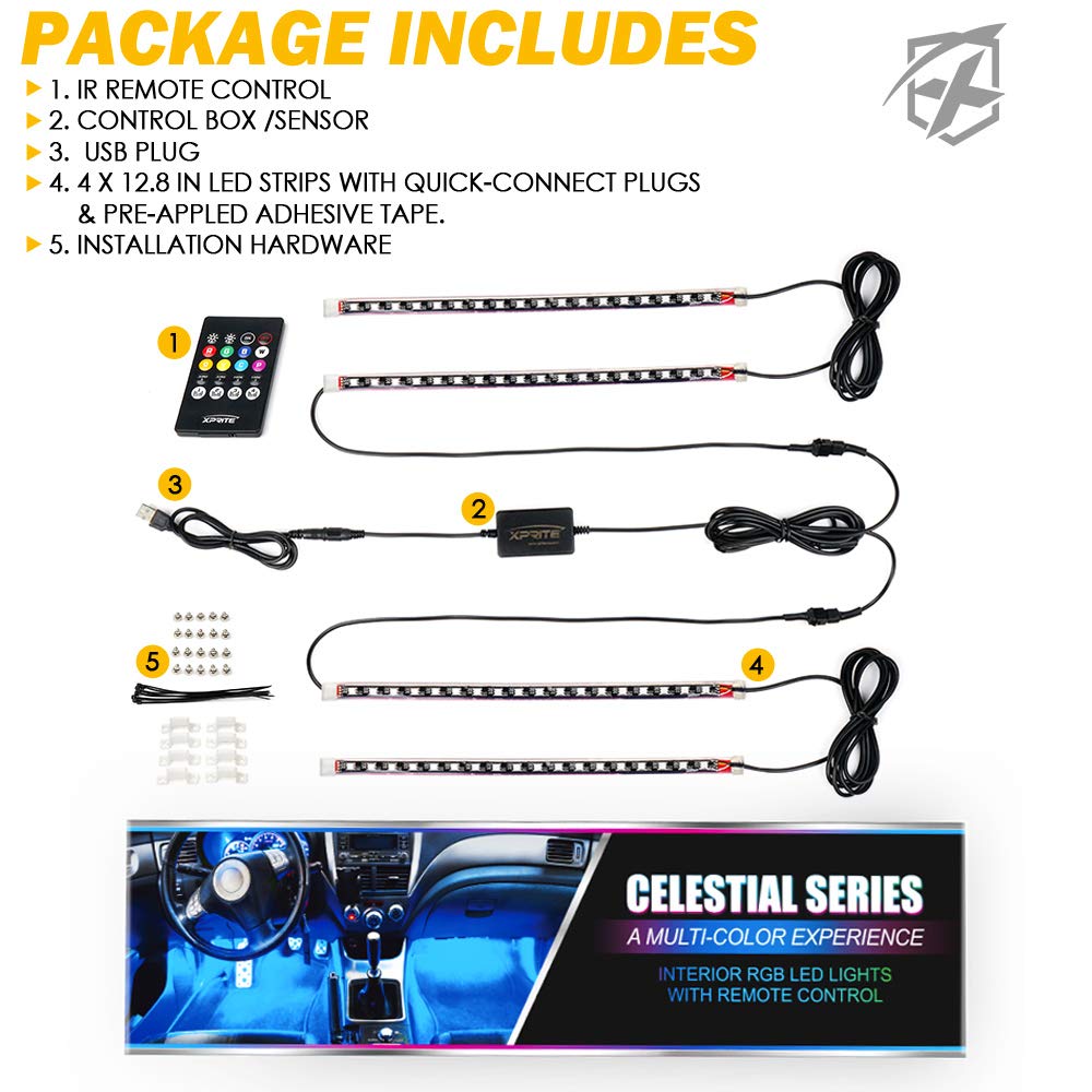 Xprite RGB LED Car Interior Bluetooth USB Light Strip, w/Wireless Remote and APP Control,4 PCS Under Dash Footwell Ambient Lights Kits, DIY Music Mode Universal for Vehicle Internal, SUV, Trucks