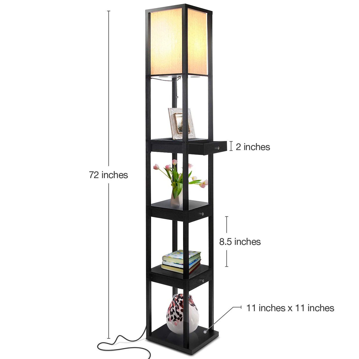 Brightech Maxwell Drawer Edition - Modern Shelf Floor Lamp with Drawer - Corner Display Floor Lamps with Shelves for Living Room, Bedroom and Office - Black