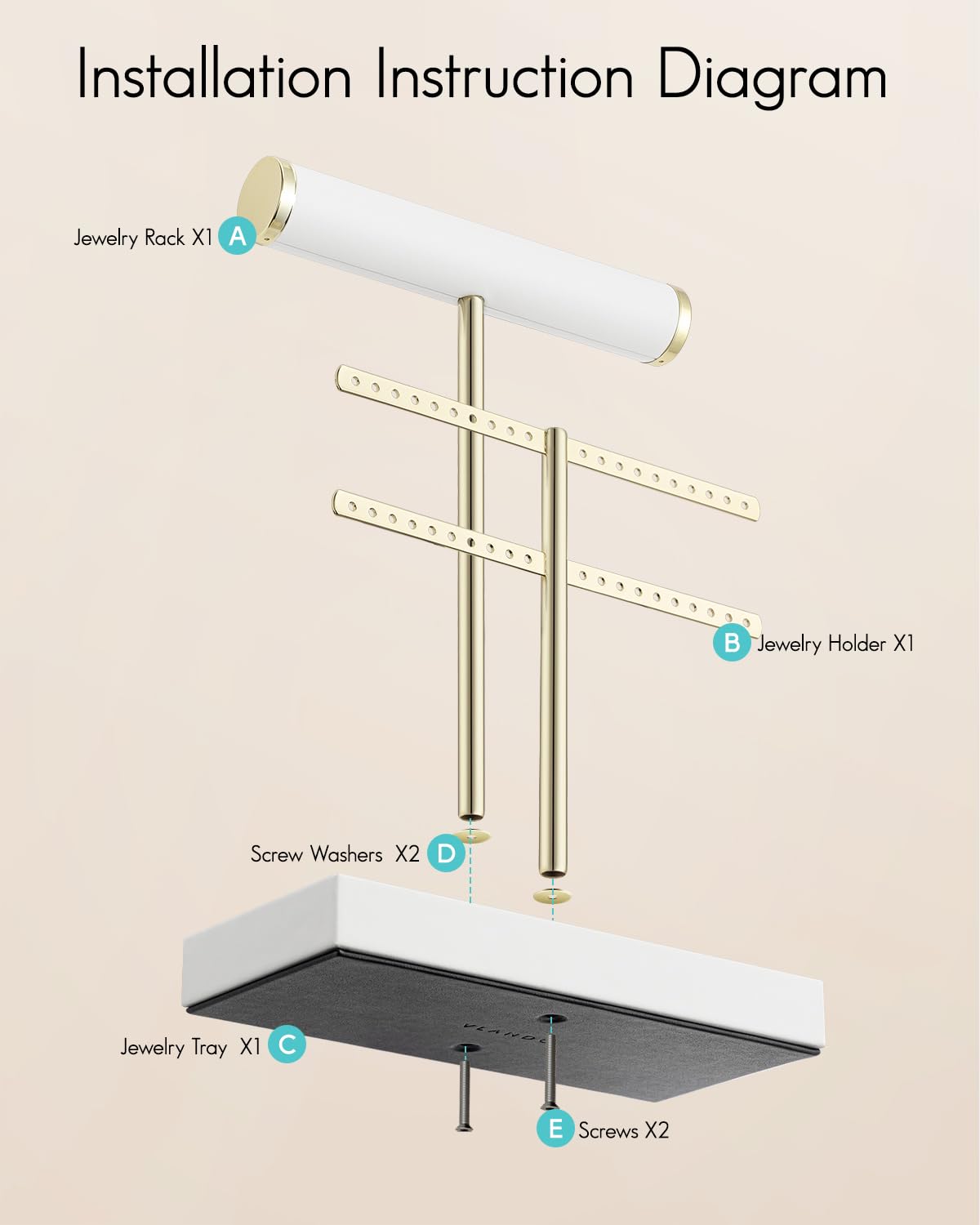 VLANDO 2 Tier Necklace Holder Organizer with Tray, Leather Bracelet Holder Display for Women, Gold Jewelry Holder Stand for Bracelet, Necklace, Earrings, Rings - White