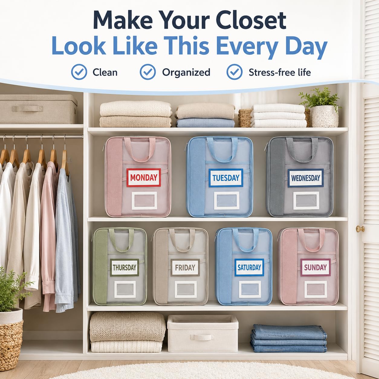 7 Pack Closet Organizer Storage Bags with Day Labels, Weekly Clothing Organization System for Closet & Drawer, Foldable Fabric Storage Cubes for Clothes, Socks, Underwear & Accessories