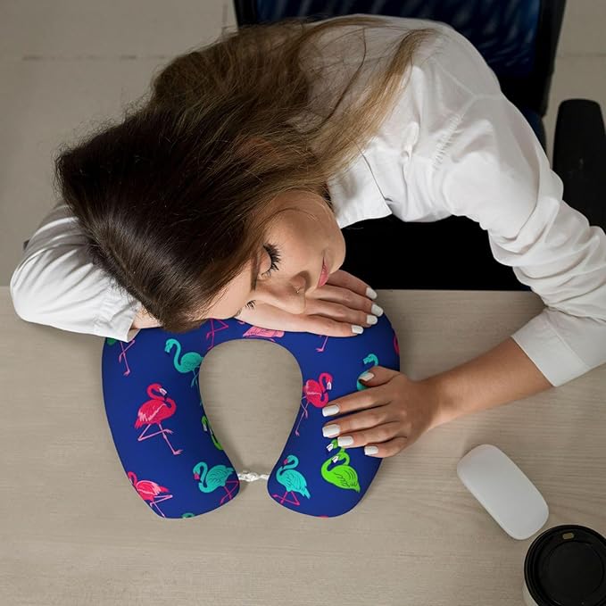 Support Neck Pillow for Youth Travel, Washable Airplane Chin Supporting and Relax U Shaped Pillows Teal Pink Flamingo Blue