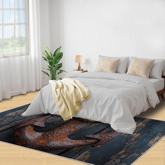 Nautical Anchor 6x9 Area Rugs,Distressed Wood Bedroom Rug Nautical Style Non-Slip Washable Rug for Living Room Nursery Kitchen Low-Pile Carpet