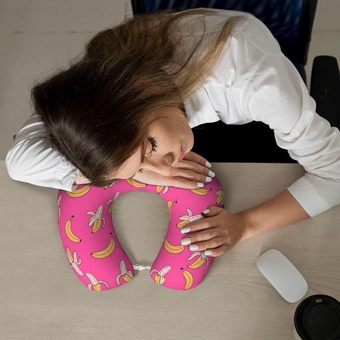 Neck Travel Pillow, Women Men Washable Airplane Car Pillows Hawaiian Banana Pink, Head Support Rest U Shaped Cushion Comfortable for Watching TV