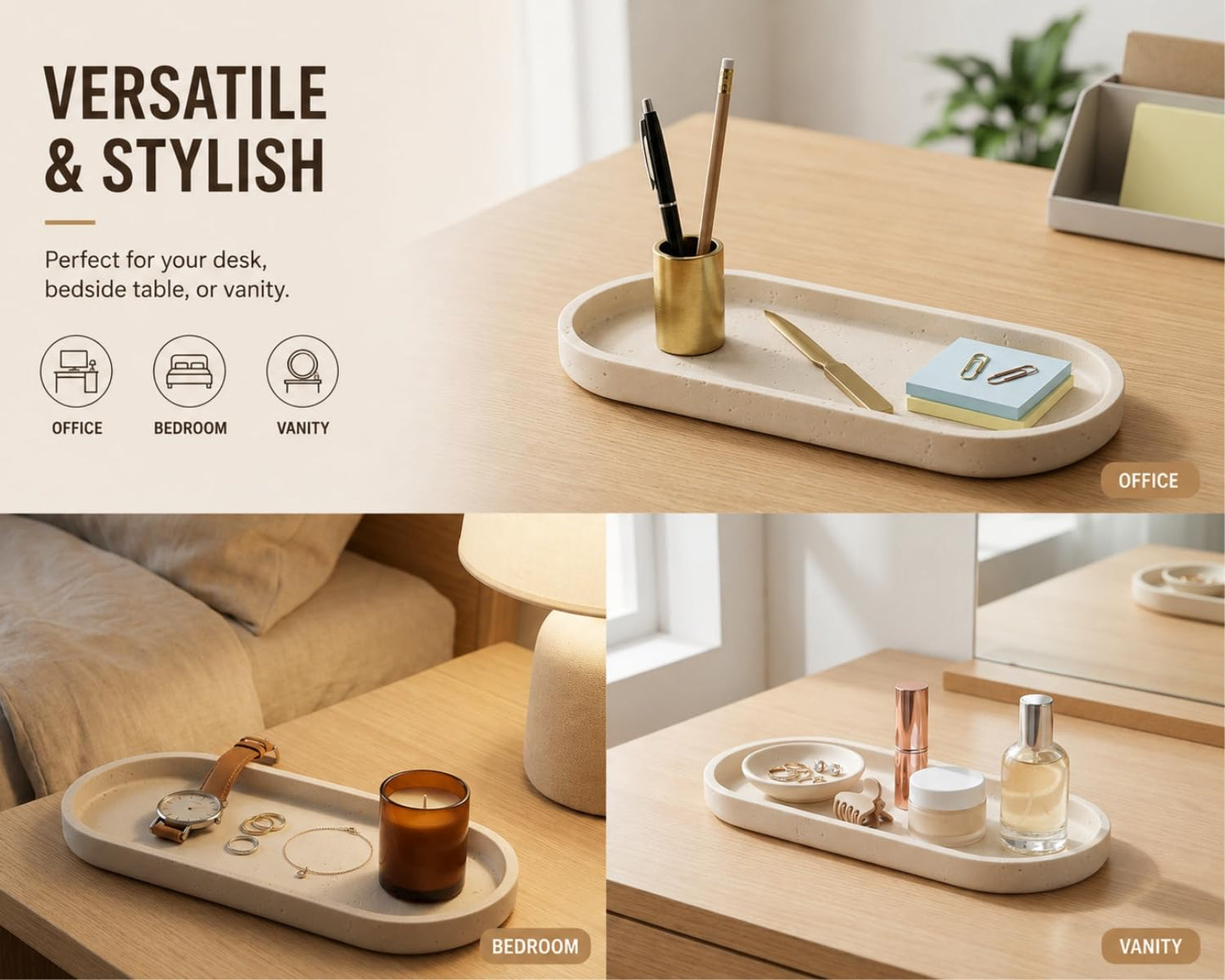 Clasin Home Vanity Tray for Bathroom Counter, Beige Travertine-Look Decorative Tray for Perfume Jewelry Candle, Non-Slip Decor Organizer for Kitchen Countertop, Dresser, Coffee Table (11 x 4.9 Inch)