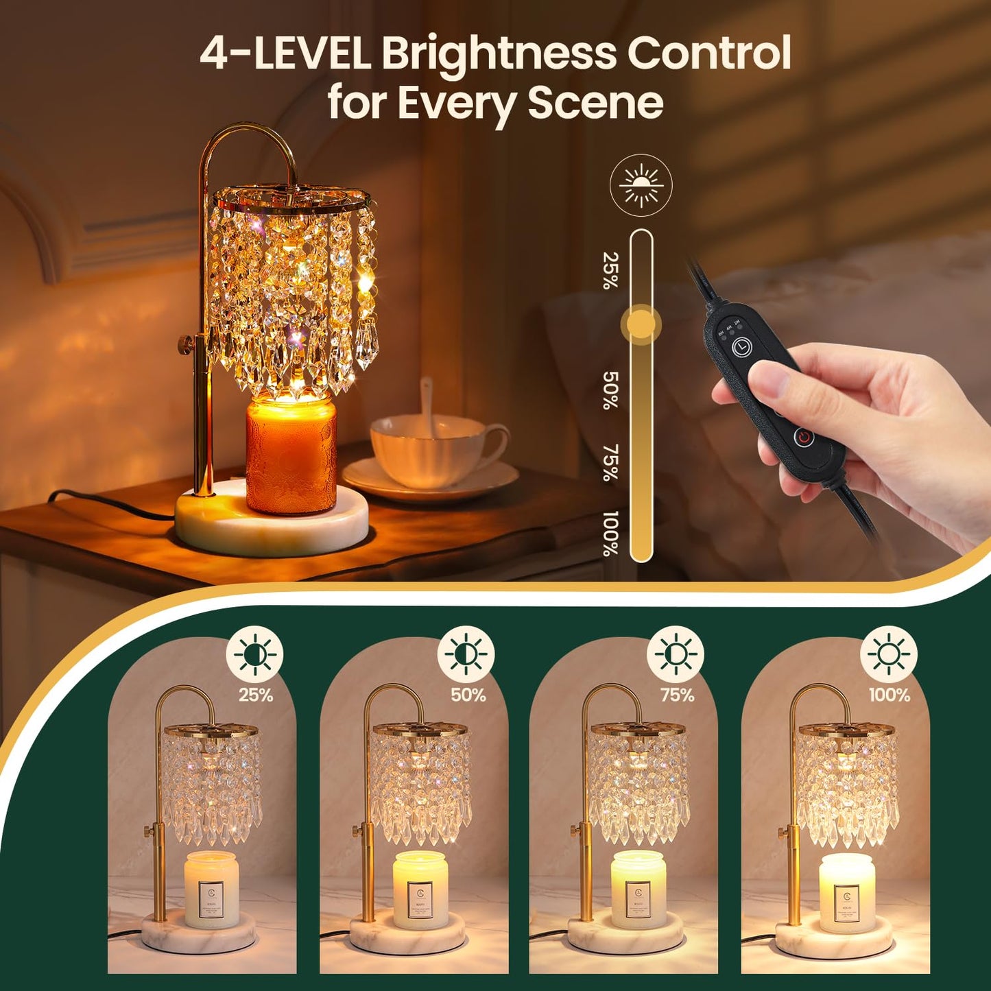 Candle Warmer Lamp with Timer Dimmer,2H/4H/8H Timer , Lamp Candle Warmer with Marble Base for Adjustable Height, Crystal Wax Melt Warmer for Jar Candles, House Warming Decor Gifts Mothers Day Gifts