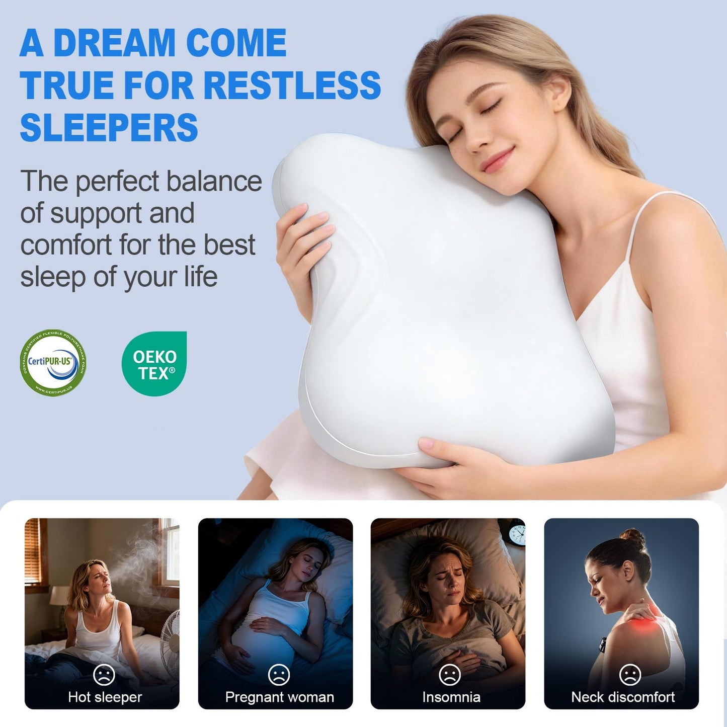 HUADER Cervical Pillows for Neck Pain Relief, Cooling Memory Foam Hypoallergenic Pillow for Side, Back & Stomach Sleepers – Ergonomic Neck Support, for Men & Women, CertiPUR-US & Oeko-TEX