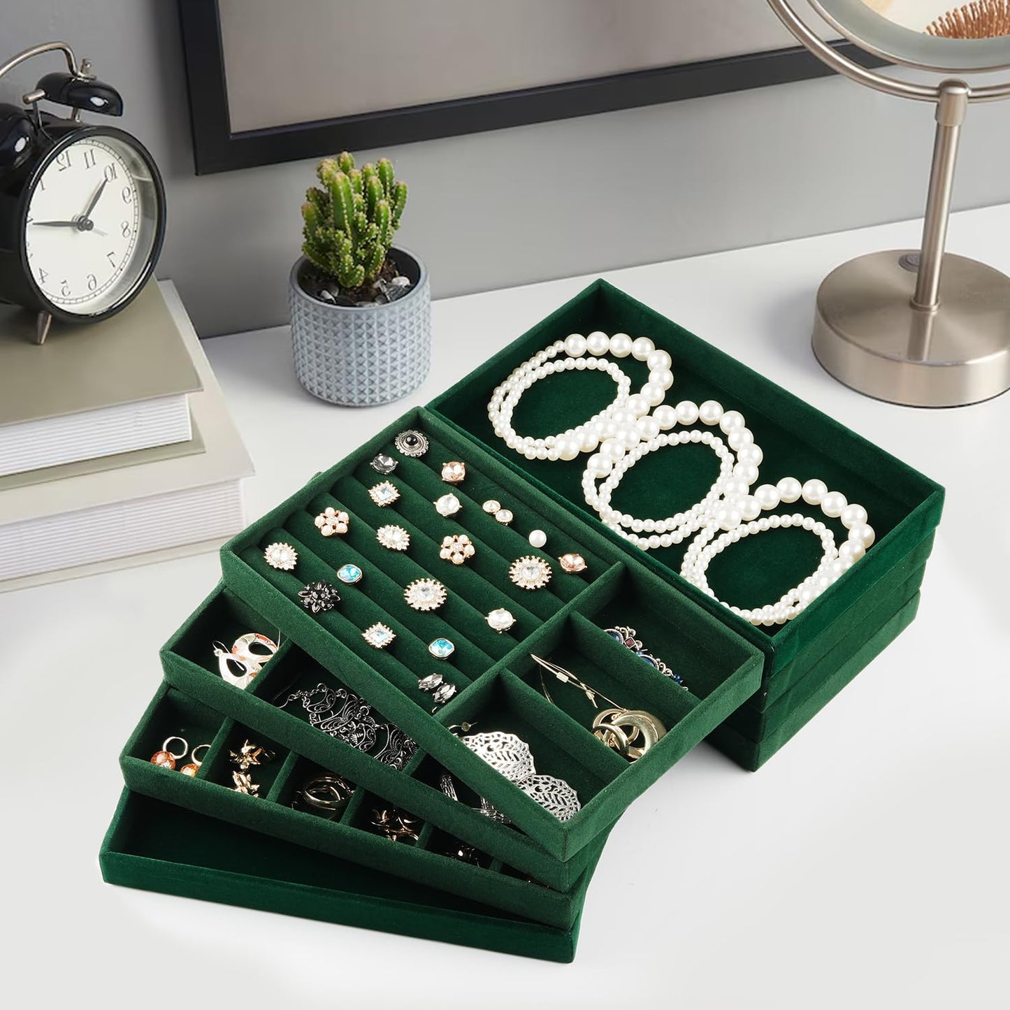 ERLSTE Jewelry Drawer Organizer, 8 Set of Stackable Velvet Organizer Tray, Drawer Inserts for Jewelry Organization, Showcase and Safely Store Your Collection with Elegance and Sophistication (Green)