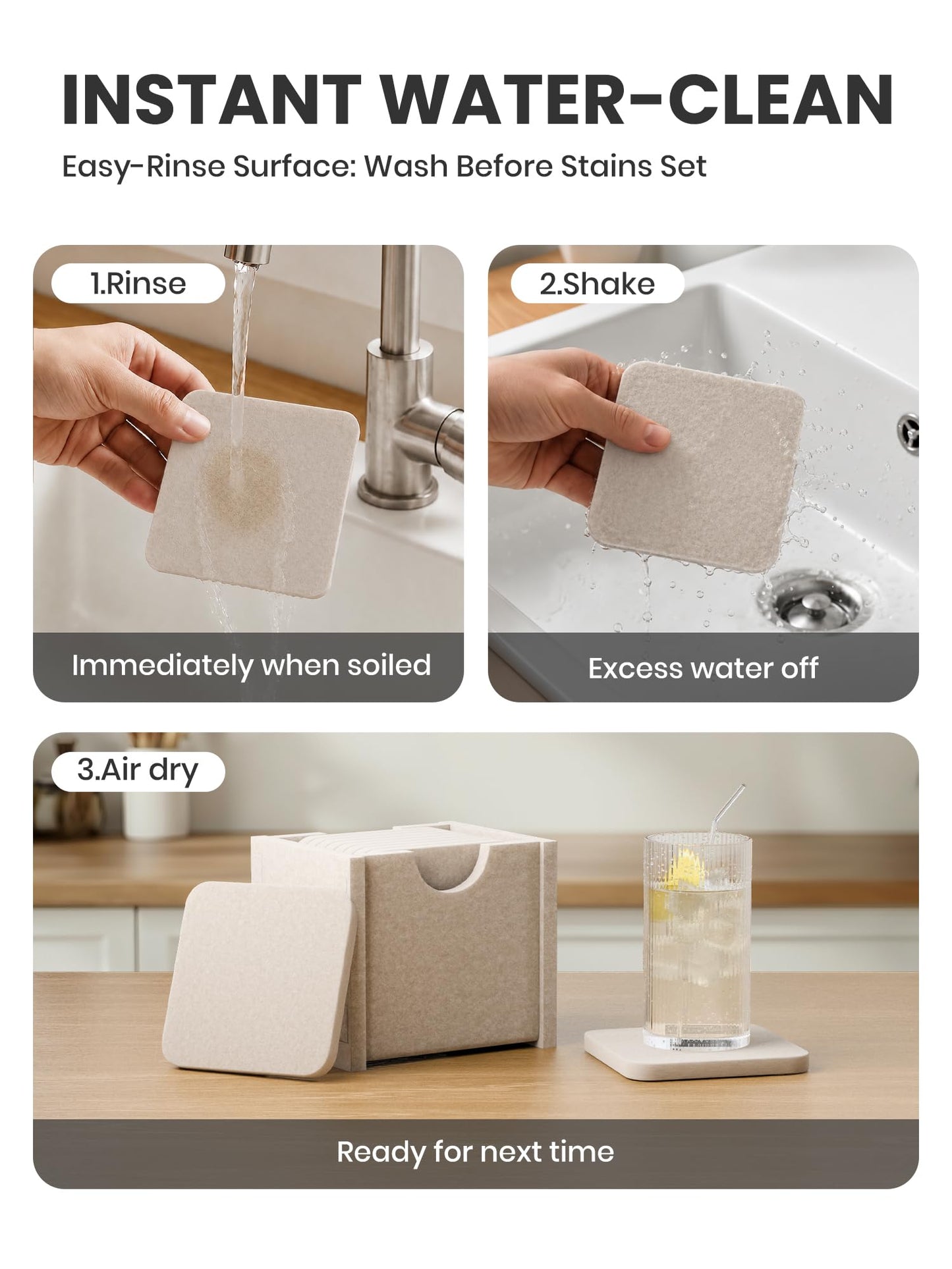 Fluxynara Felt Coasters for Drinks, Set of 8 Absorbent Coasters with Holder, Heat-Resistant & Reusable Square Design for Coffee Table & Living Room, 3.94 Inch, Linen Dusk