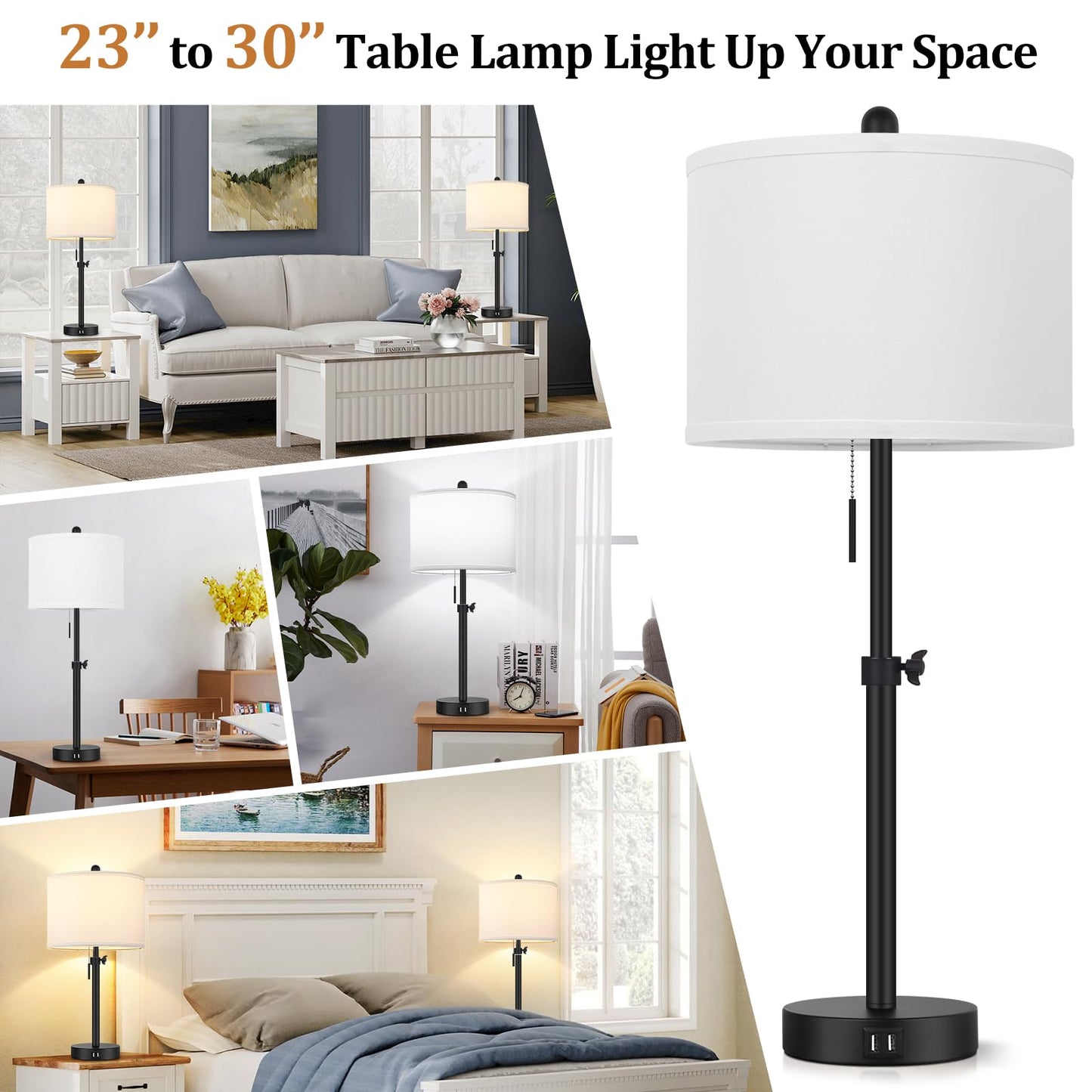 Kondras Table Lamp for Bedroom Set of 2, 23" to 30" Height Adjustable Bedside Lamp with 2 USB Ports, Black Nightstand Lamp with White Shade, Modern Pull Chain Table Lamp for Living Room End Table