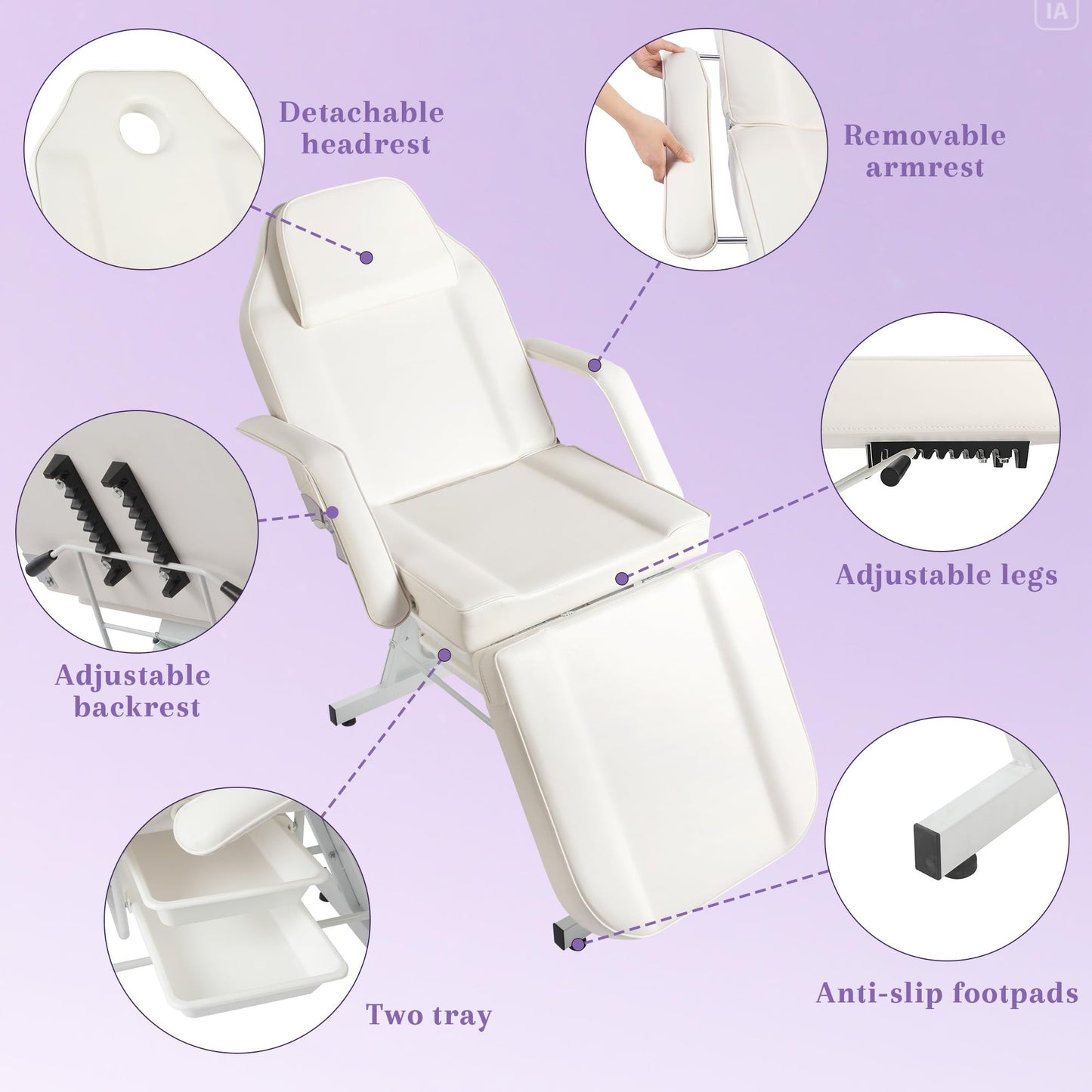 KIIUMI Tattoo Chair for Artists, Facial Esthetician Bed, Adjustable Beauty Bed with 2 Tray, Professional Piercing Chair with Hydraulic Rolling Stool, White