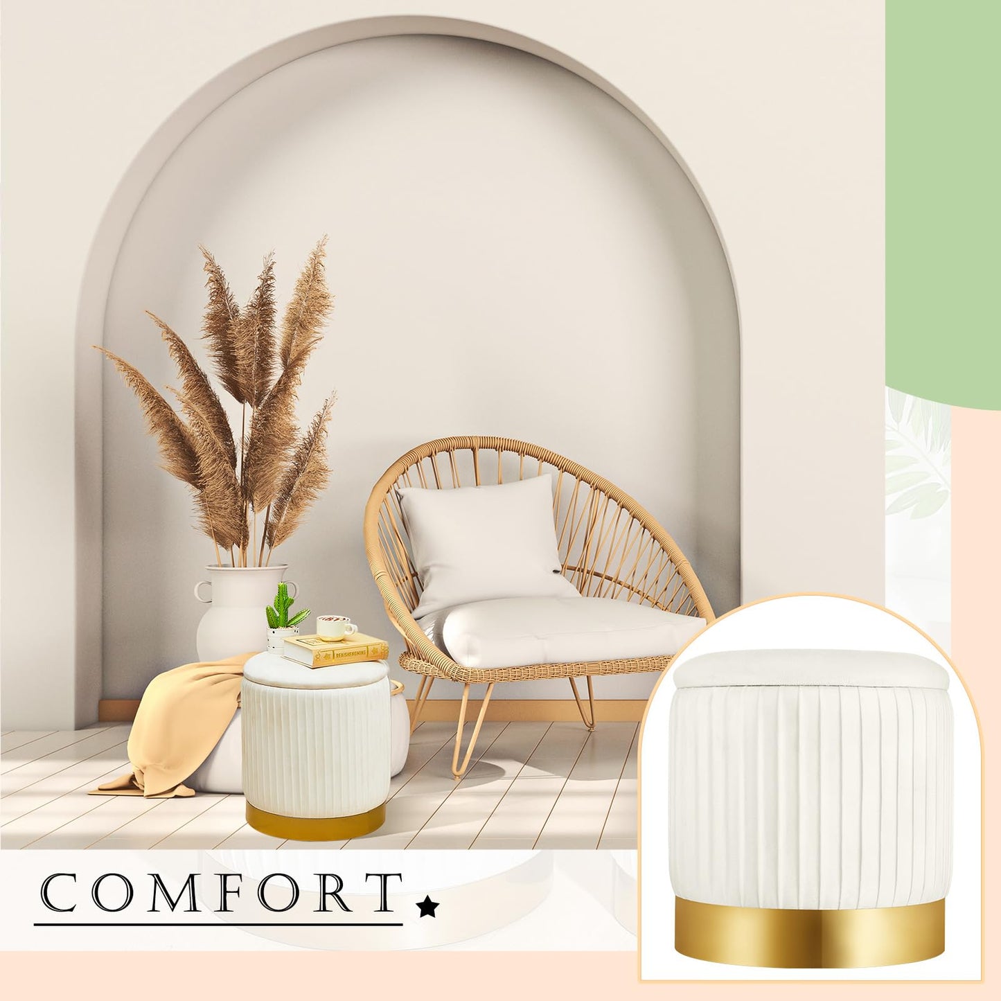 Barydat 2 Pcs Round Ottoman with Storage White Velvet Storage Ottoman Stool with Removable Lid Gold Base for Dorm Living Room Bedroom